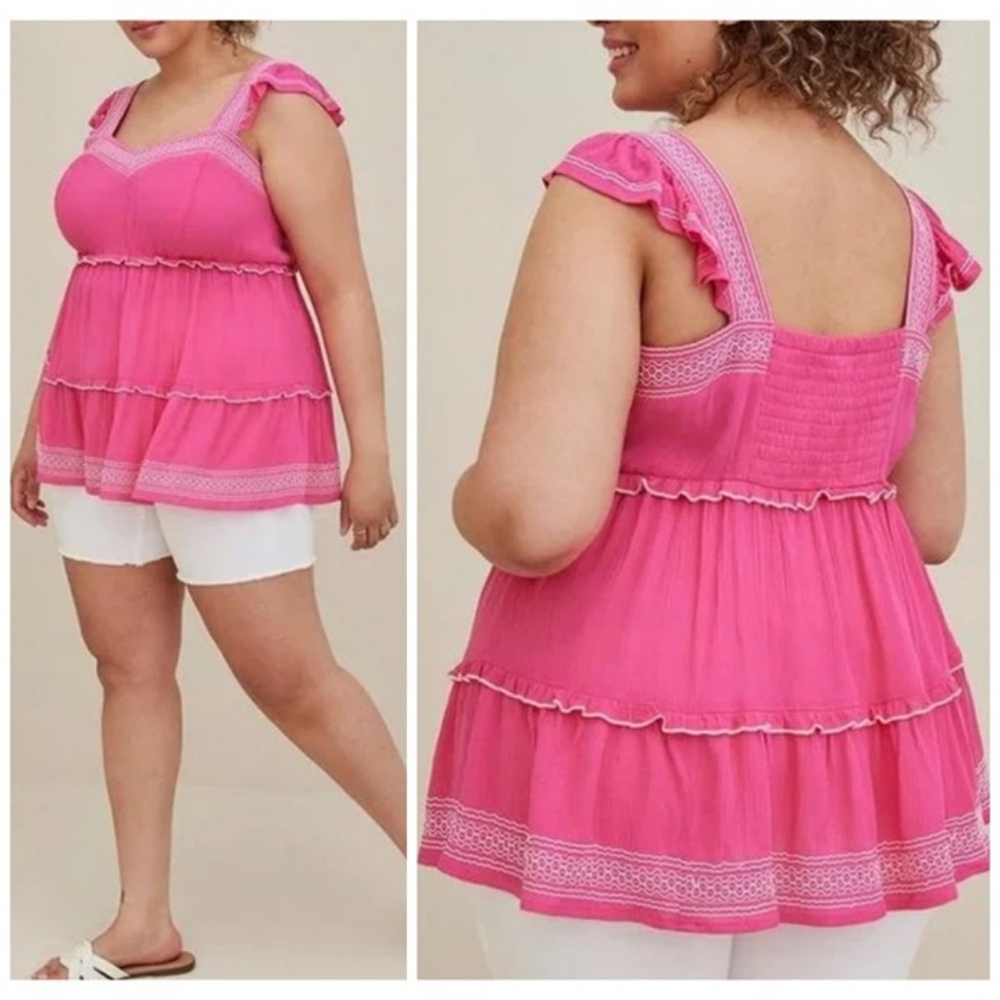 Torrid Baby Doll Tank Top  Women's‎ 4 Pink Tiered Ruffle Embroidered Smocked